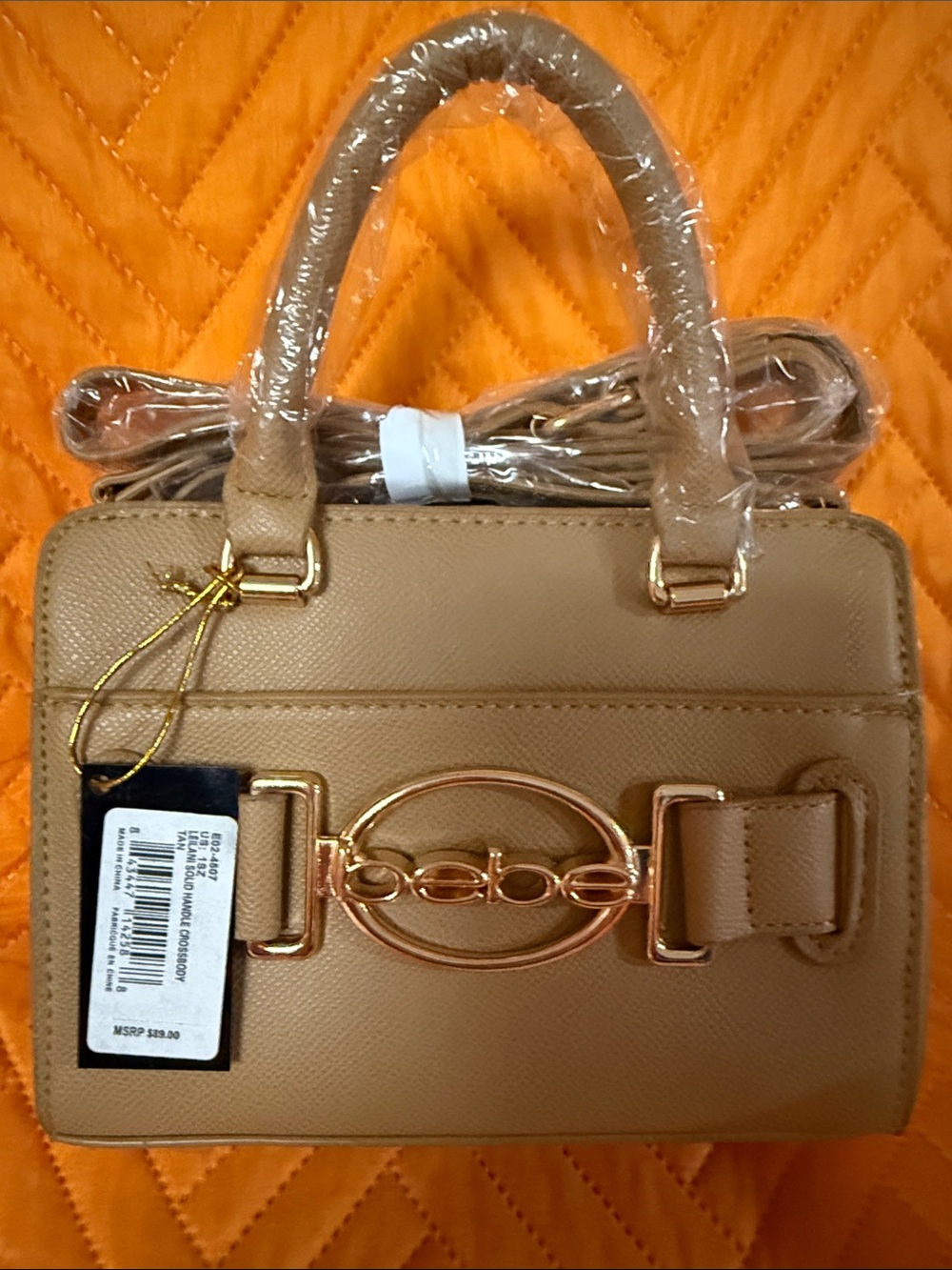 bebe Tan Pebble Satchel with Gold Hardware